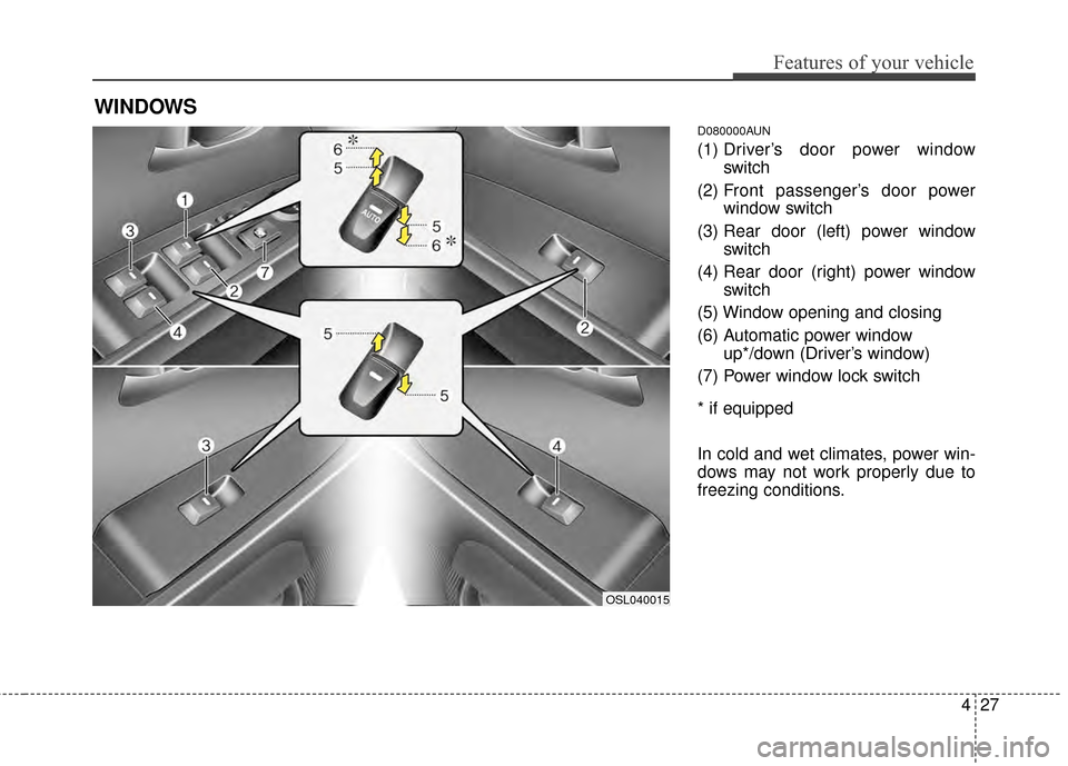 KIA Sportage 2015 QL / 4.G Owners Manual 427
Features of your vehicle
D080000AUN
(1) Driver’s door power windowswitch
(2) Front passenger’s door power window switch
(3) Rear door (left) power window switch
(4) Rear door (right) power win