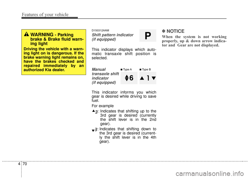 KIA Sportage 2015 QL / 4.G Owners Manual Features of your vehicle
70
4
D150312AAM
Shift pattern indicator
(if equipped)
This indicator displays which auto-
matic transaxle shift position is
selected.
Manualtransaxle shiftindicator (if equi KIA Sportage 2015 QL / 4.G Owners Manual Features of your vehicle
70
4
D150312AAM
Shift pattern indicator
(if equipped)
This indicator displays which auto-
matic transaxle shift position is
selected.
Manualtransaxle shiftindicator (if equi