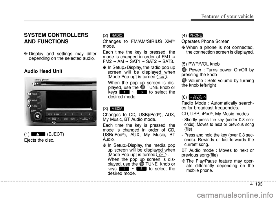 KIA Sportage 2015 QL / 4.G Owners Manual 4193
Features of your vehicle
SYSTEM CONTROLLERS
AND FUNCTIONS
❈Display and settings may differ
depending on the selected audio.
Audio Head Unit
(1) (EJECT)
Ejects the disc. (2)
Changes to FM/AM/SI KIA Sportage 2015 QL / 4.G Owners Manual 4193
Features of your vehicle
SYSTEM CONTROLLERS
AND FUNCTIONS
❈Display and settings may differ
depending on the selected audio.
Audio Head Unit
(1) (EJECT)
Ejects the disc. (2)
Changes to FM/AM/SI