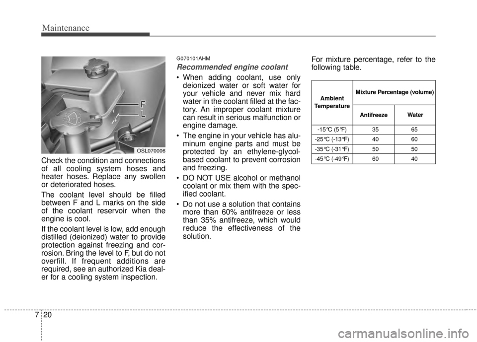 KIA Sportage 2015 QL / 4.G Owners Manual Maintenance
20
7
Check the condition and connections
of all cooling system hoses and
heater hoses. Replace any swollen
or deteriorated hoses.
The coolant level should be filled
between F and L marks o KIA Sportage 2015 QL / 4.G Owners Manual Maintenance
20
7
Check the condition and connections
of all cooling system hoses and
heater hoses. Replace any swollen
or deteriorated hoses.
The coolant level should be filled
between F and L marks o