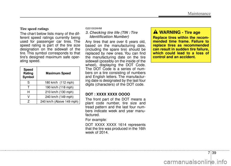 KIA Sportage 2015 QL / 4.G Owners Manual 739
Maintenance
Tire speed ratings  
The chart below lists many of the dif-
ferent speed ratings currently being
used for passenger car tires. The
speed rating is part of the tire size
designation on 