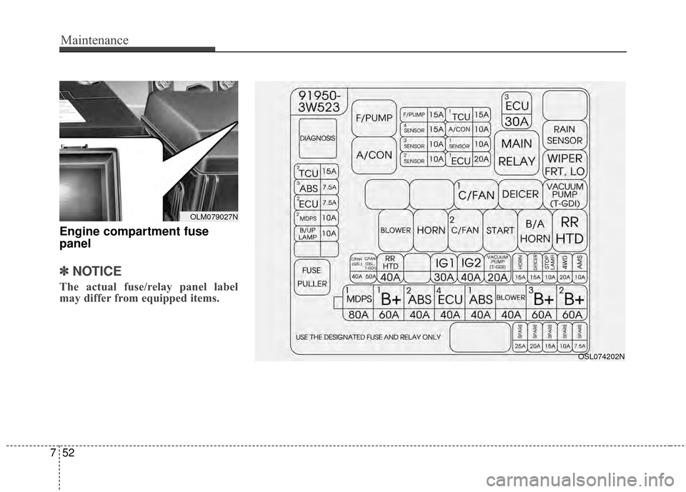 KIA Sportage 2015 QL / 4.G Owners Manual Maintenance
52
7
Engine compartment fuse
panel
✽ ✽
NOTICE
The actual fuse/relay panel label
may differ from equipped items.
OSL074202N
OLM079027N KIA Sportage 2015 QL / 4.G Owners Manual Maintenance
52
7
Engine compartment fuse
panel
✽ ✽
NOTICE
The actual fuse/relay panel label
may differ from equipped items.
OSL074202N
OLM079027N