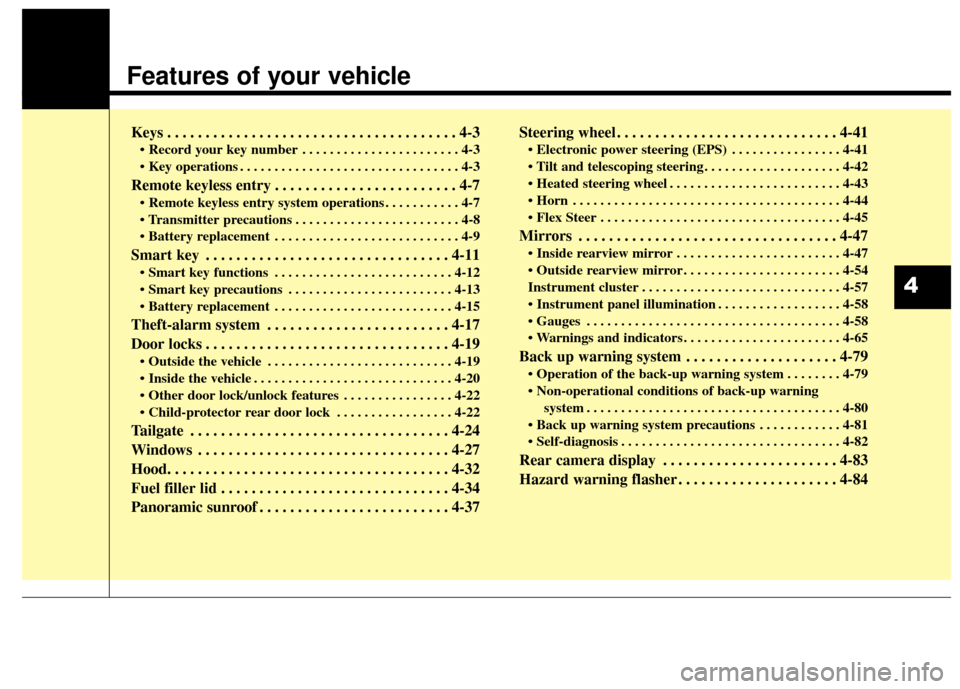 KIA Sportage 2015 QL / 4.G Owners Manual Features of your vehicle
Keys . . . . . . . . . . . . . . . . . . . . . . . . . . . . . . . . . . . . \
. . 4-3
• Record your key number . . . . . . . . . . . . . . . . . . . . . . . 4-3
 . . . . . 