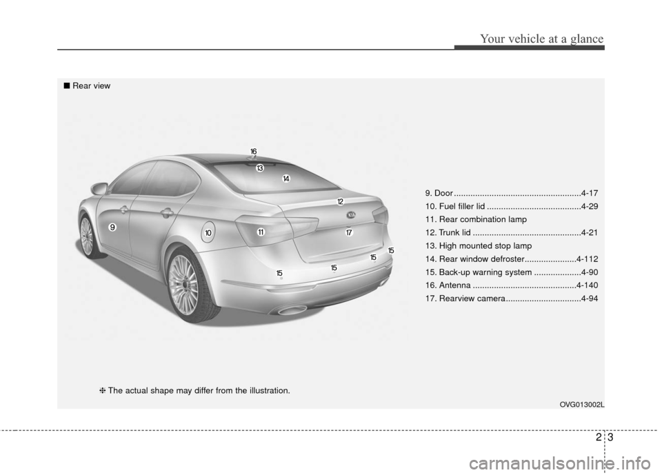 KIA Cadenza 2016 1.G User Guide 23
Your vehicle at a glance
9. Door ......................................................4-17
10. Fuel filler lid ........................................4-29
11. Rear combination lamp
12. Trunk lid KIA Cadenza 2016 1.G User Guide 23
Your vehicle at a glance
9. Door ......................................................4-17
10. Fuel filler lid ........................................4-29
11. Rear combination lamp
12. Trunk lid