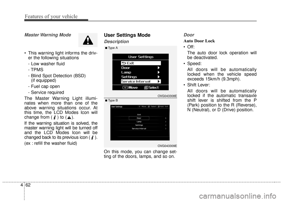 KIA Cadenza 2016 1.G Owners Manual Features of your vehicle
62
4
Master Warning  Mode 
 This warning light informs the driv-
er the following situations
- Low washer fluid
- TPMS
- Blind Spot Detection (BSD)(if equipped)
- Fuel cap ope