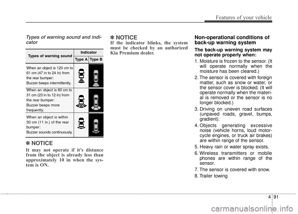 KIA Cadenza 2016 1.G User Guide 491
Features of your vehicle
Types of warning sound and indi-cator
✽
✽ NOTICE
It may not operate if it’s distance
from the object is already less than
approximately 10 in when the sys-
tem is ON