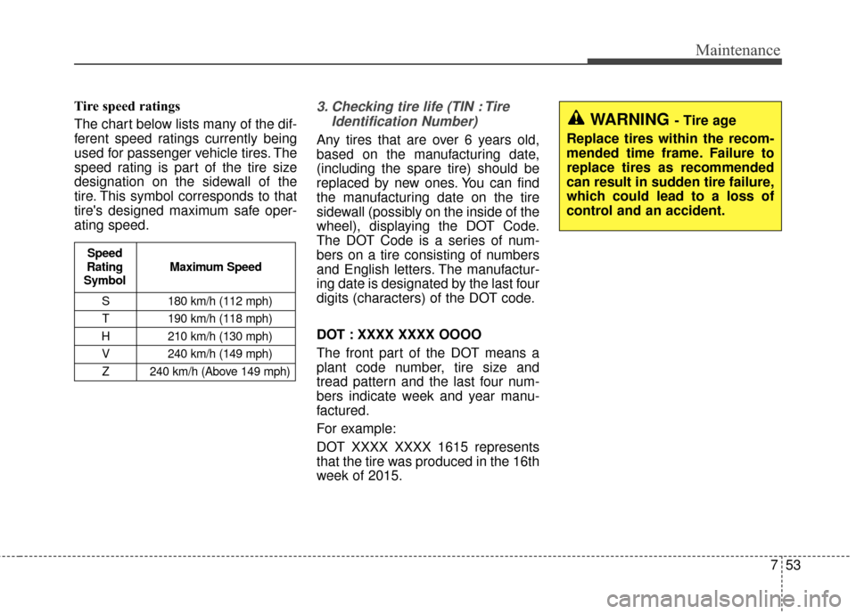 KIA Cadenza 2016 1.G Owners Guide 753
Maintenance
Tire speed ratings
The chart below lists many of the dif-
ferent speed ratings currently being
used for passenger vehicle tires. The
speed rating is part of the tire size
designation KIA Cadenza 2016 1.G Owners Guide 753
Maintenance
Tire speed ratings
The chart below lists many of the dif-
ferent speed ratings currently being
used for passenger vehicle tires. The
speed rating is part of the tire size
designation