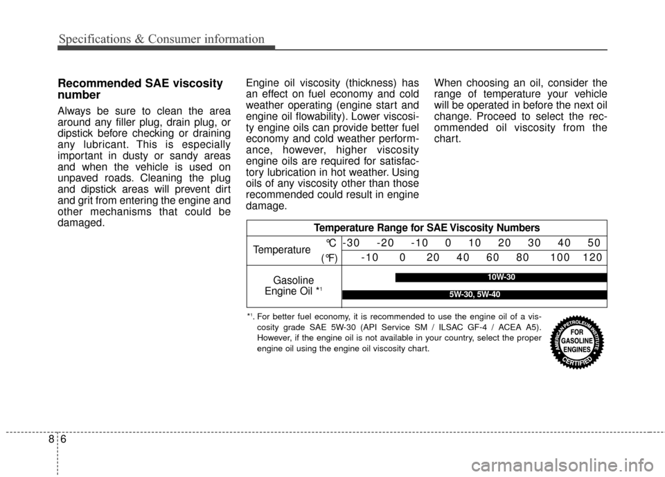 KIA Cadenza 2016 1.G Service Manual Specifications & Consumer information
68
Recommended SAE viscosity
number
Always be sure to clean the area
around any filler plug, drain plug, or
dipstick before checking or draining
any lubricant. Th