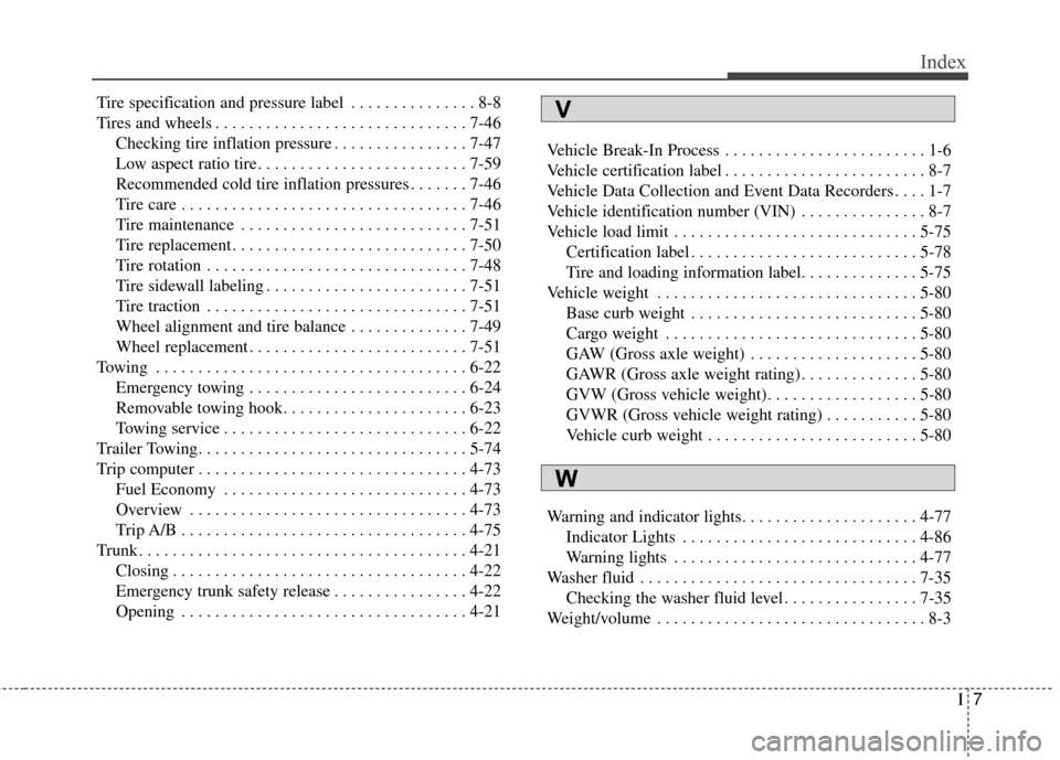 KIA Cadenza 2016 1.G User Guide I7
Index
Tire specification and pressure label . . . . . . . . . . . . . . . 8-8
Tires and wheels . . . . . . . . . . . . . . . . . . . . . . . . . . . . . . 7-46Checking tire inflation pressure . . .