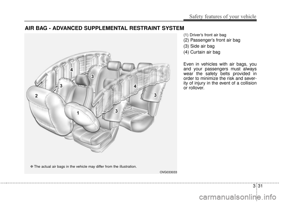 KIA Cadenza 2016 1.G Service Manual 331
Safety features of your vehicle
(1) Driver’s front air bag
(2) Passenger’s front air bag
(3) Side air bag
(4) Curtain air bag
Even in vehicles with air bags, you
and your passengers must alway