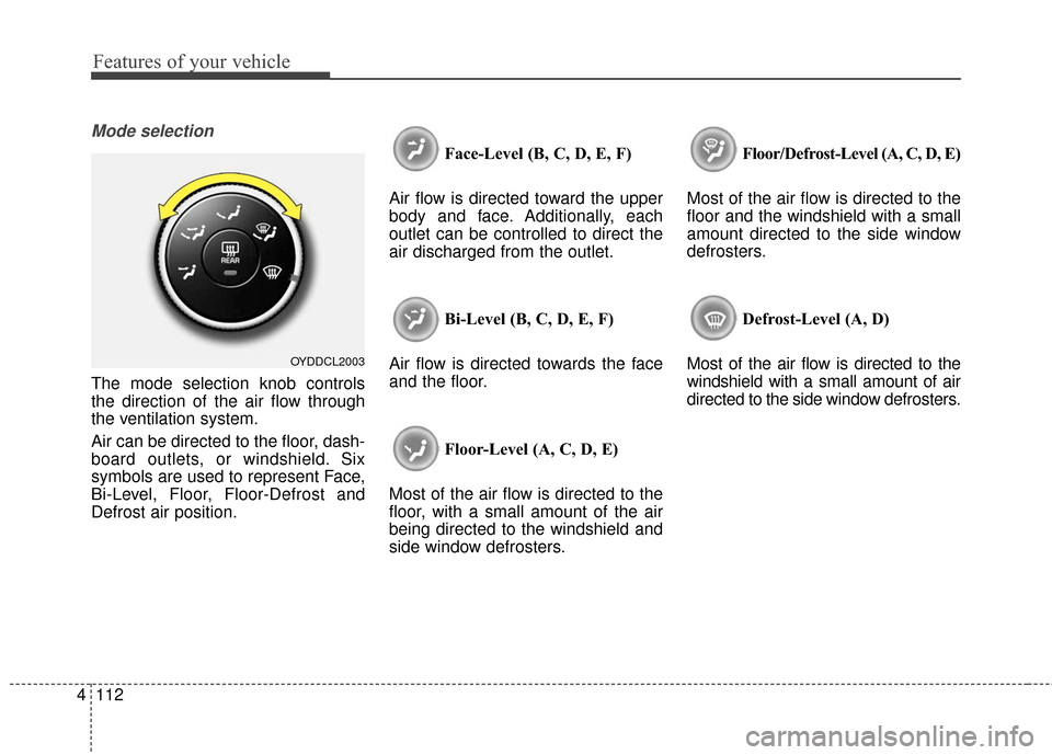 KIA Cerato 2016 2.G Owners Manual Features of your vehicle
112
4
Mode selection
The mode selection knob controls
the direction of the air flow through
the ventilation system.
Air can be directed to the floor, dash-
board outlets, or w KIA Cerato 2016 2.G Owners Manual Features of your vehicle
112
4
Mode selection
The mode selection knob controls
the direction of the air flow through
the ventilation system.
Air can be directed to the floor, dash-
board outlets, or w