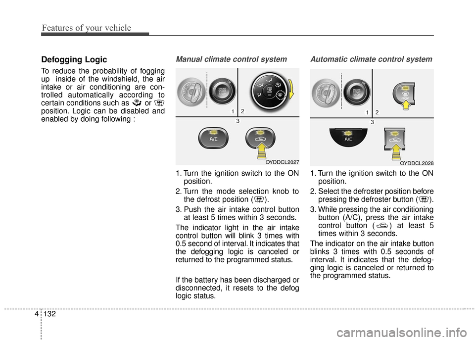 KIA Forte 2016 2.G Owners Manual Features of your vehicle
132
4
Defogging Logic
To reduce the probability of fogging
up  inside of the windshield, the air
intake or air conditioning are con-
trolled automatically according to
certain