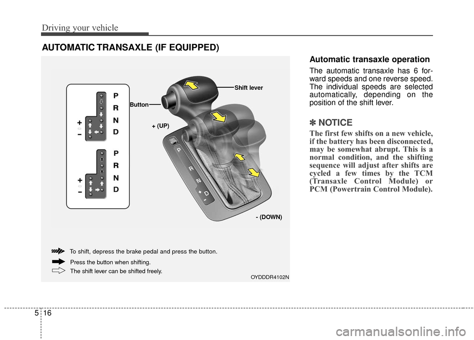 KIA Cerato 2016 2.G Owners Guide Driving your vehicle
16
5
Automatic transaxle operation
The automatic transaxle has 6 for-
ward speeds and one reverse speed.
The individual speeds are selected
automatically, depending on the
positio