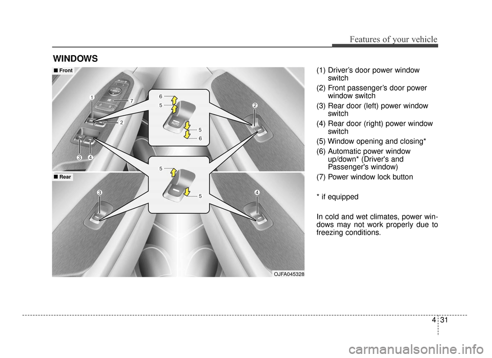 KIA Optima 2016 4.G User Guide 431
Features of your vehicle
(1) Driver’s door power windowswitch
(2) Front passenger’s door power window switch
(3) Rear door (left) power window switch
(4) Rear door (right) power window switch

