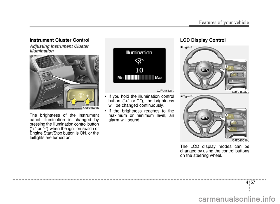 KIA Optima 2016 4.G Owners Guide 457
Features of your vehicle
Instrument Cluster Control
Adjusting Instrument ClusterIllumination
The brightness of the instrument
panel illumination is changed by
pressing the illumination control but