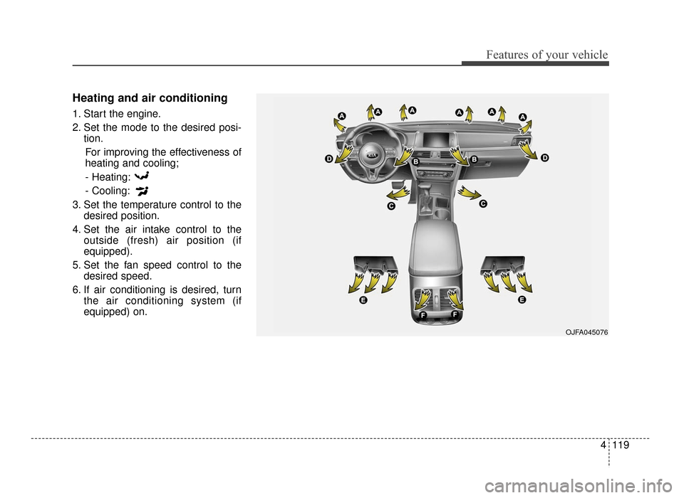 KIA Optima 2016 4.G Manual PDF 4119
Features of your vehicle
Heating and air conditioning
1. Start the engine.
2. Set the mode to the desired posi-tion.
For improving the effectiveness of
heating and cooling;- Heating:
- Cooling:
3