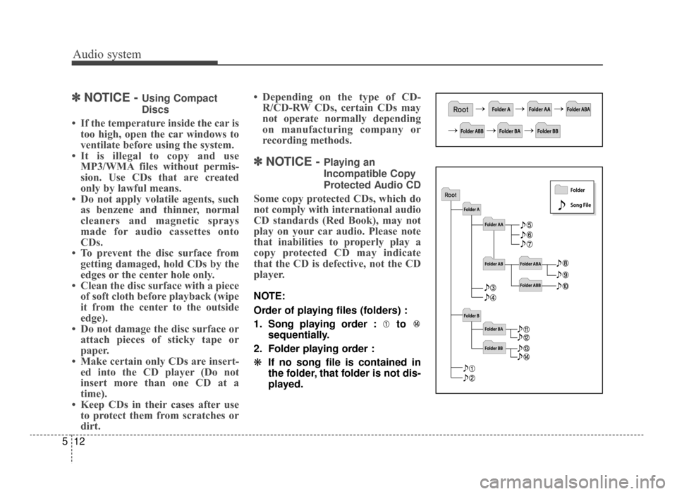 KIA Optima 2016 4.G User Guide Audio system
12
5
✽
✽
NOTICE - Using Compact
Discs
• If the temperature inside the car is
too high, open the car windows to
ventilate before using the system.
• It is illegal to copy and use M