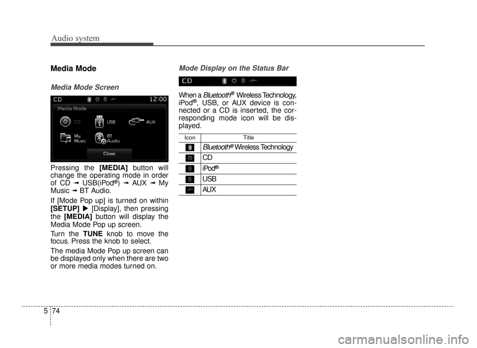 KIA Optima 2016 4.G Owners Manual Audio system
74
5
Media Mode
Media Mode Screen
Pressing the [MEDIA] button will
change the operating mode in order
of CD 
➟ USB(iPod®) ➟ AUX ➟ My
Music 
➟BT Audio.
If [Mode Pop up] is turned 
