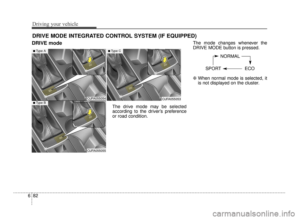 KIA Optima 2016 4.G Owners Manual Driving your vehicle
82
6
DRIVE mode
The drive mode may be selected
according to the driver’s preference
or road condition. The mode changes whenever the
DRIVE MODE button is pressed.
\b 
When norma