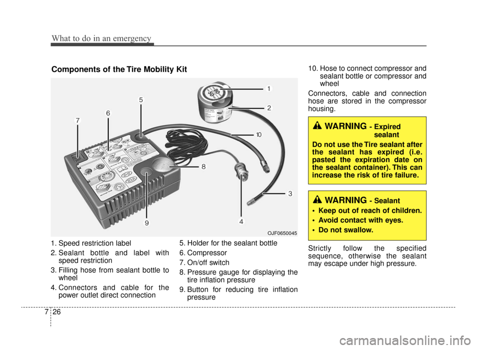 KIA Optima 2016 4.G User Guide What to do in an emergency
26
7
1. Speed restriction label
2. Sealant bottle and label with
speed restriction
3. Filling hose from sealant bottle to wheel
4. Connectors and cable for the power outlet 