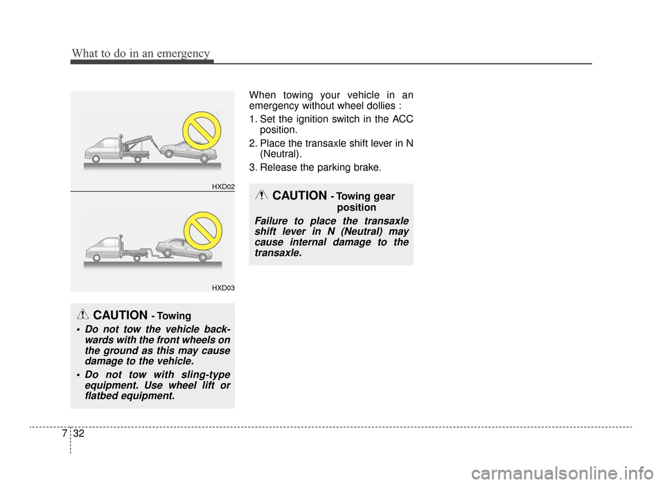 KIA Optima 2016 4.G Manual Online What to do in an emergency
32
7
When towing your vehicle in an
emergency without wheel dollies :
1. Set the ignition switch in the ACC
position.
2. Place the transaxle shift lever in N (Neutral).
3. R