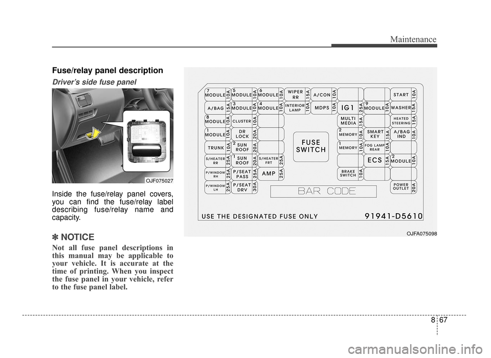 KIA Optima 2016 4.G Owners Guide 867
Maintenance
Fuse/relay panel description
Driver’s side fuse panel 
Inside the fuse/relay panel covers,
you can find the fuse/relay label
describing fuse/relay name and
capacity.
✽ ✽NOTICE
No