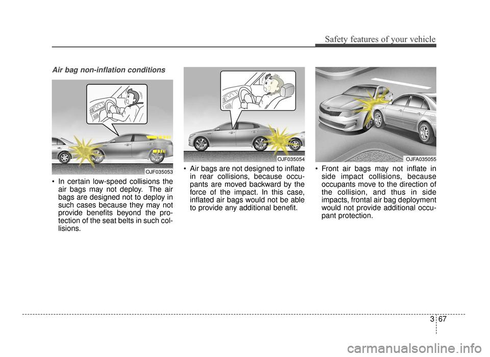 KIA Optima 2016 4.G Owners Manual 367
Safety features of your vehicle
Air bag non-inflation conditions
 In certain low-speed collisions theair bags may not deploy. The air
bags are designed not to deploy in
such cases because they may