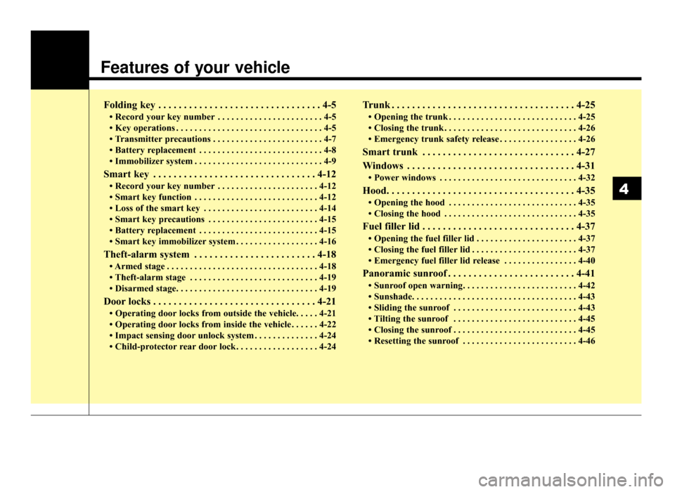 KIA Optima 2016 4.G User Guide Features of your vehicle
Folding key . . . . . . . . . . . . . . . . . . . . . . . . . . . . . . . . 4-5
• Record your key number . . . . . . . . . . . . . . . . . . . . . . . 4-5
• Key operations