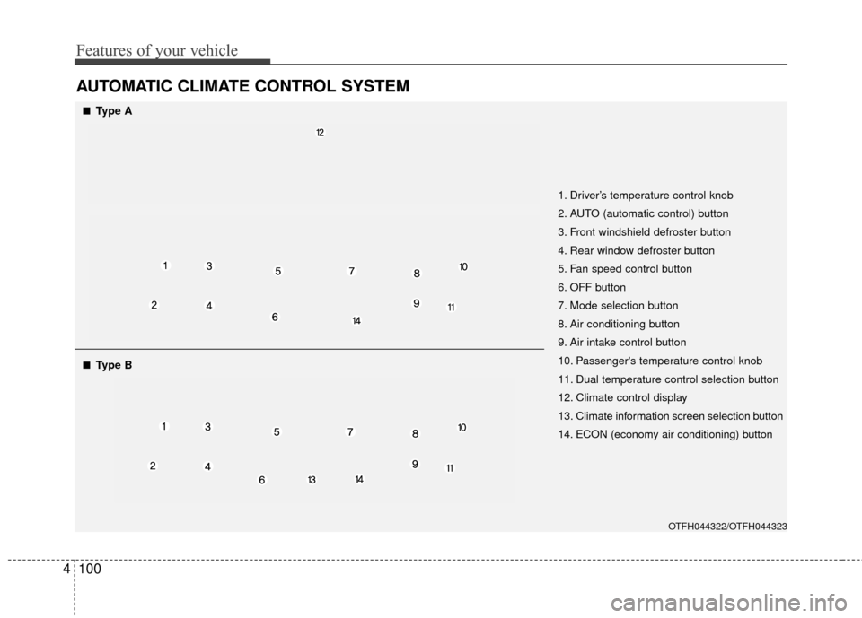 KIA Optima Hybrid 2016 4.G Owners Manual Features of your vehicle
100
4
AUTOMATIC CLIMATE CONTROL SYSTEM
OTFH044322/OTFH044323
1. Driver’s temperature control knob
2. AUTO (automatic control) button
3. Front windshield defroster button
4. 