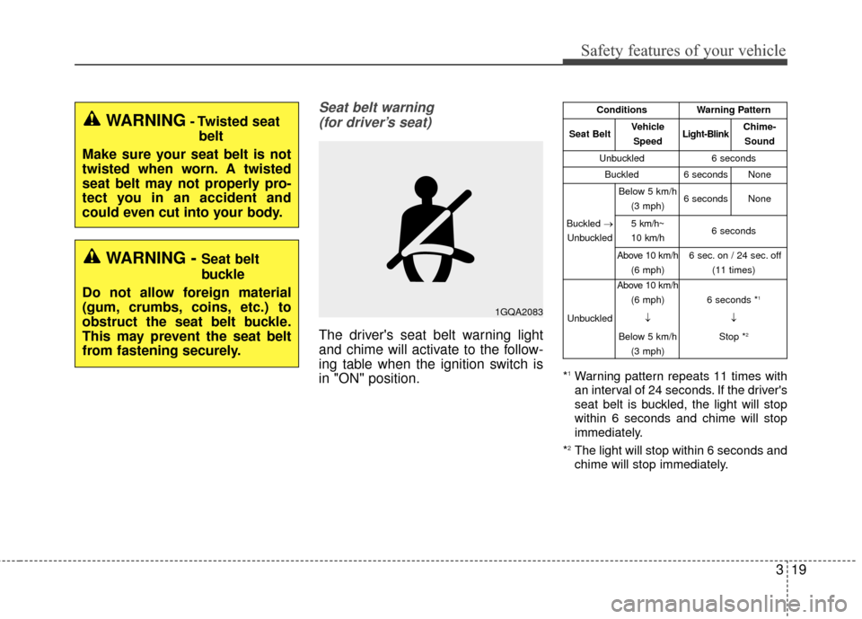 KIA Optima Hybrid 2016 4.G Owners Guide 319
Safety features of your vehicle
Seat belt warning (for driver’s seat)
The drivers seat belt warning light
and chime will activate to the follow-
ing table when the ignition switch is
in "ON" po