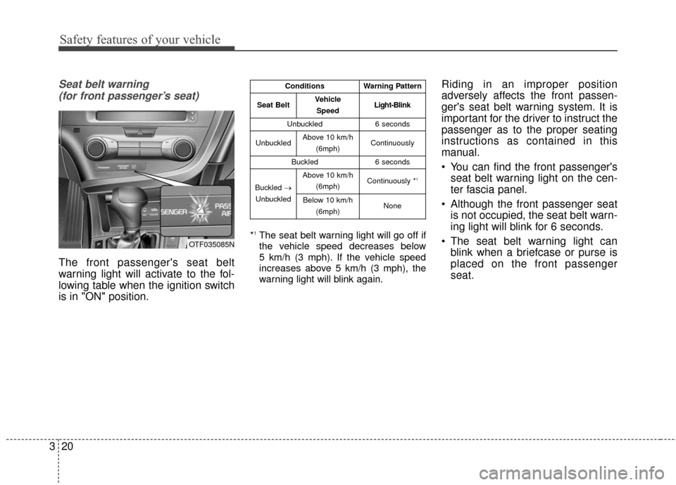 KIA Optima Hybrid 2016 4.G Owners Guide Safety features of your vehicle
20
3
Seat belt warning 
(for front passenger’s seat)
The front passengers seat belt
warning light will activate to the fol-
lowing table when the ignition switch
is 