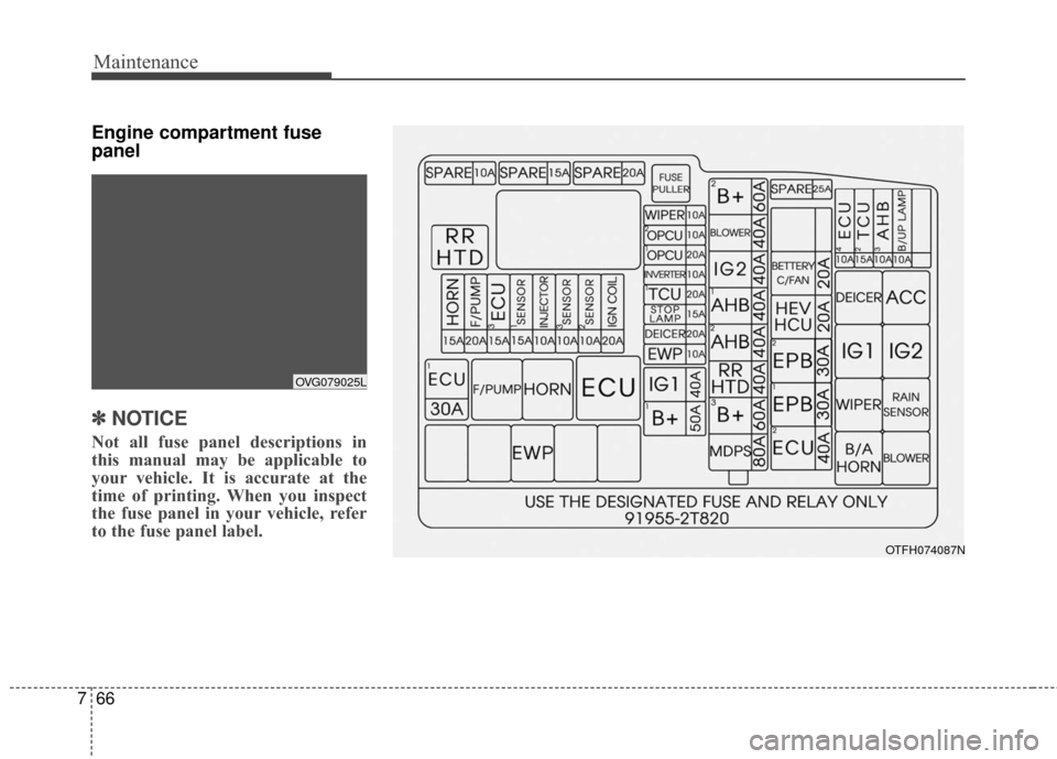 KIA Optima Hybrid 2016 4.G Owners Manual Maintenance
66
7
Engine compartment fuse
panel 
✽ ✽
NOTICE
Not all fuse panel descriptions in
this manual may be applicable to
your vehicle. It is accurate at the
time of printing. When you inspec