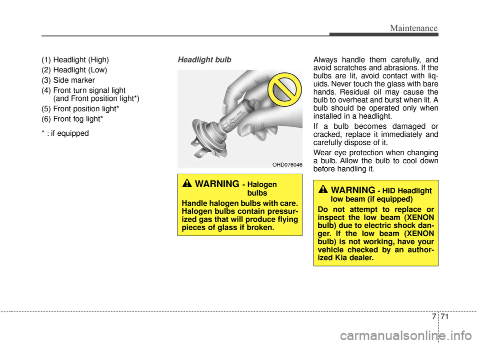 KIA Optima Hybrid 2016 4.G Owners Manual 771
Maintenance
(1) Headlight (High)
(2) Headlight (Low)
(3) Side marker
(4) Front turn signal light (and Front position light*)
(5) Front position light*
(6) Front fog light*
* : if equippedHeadlight