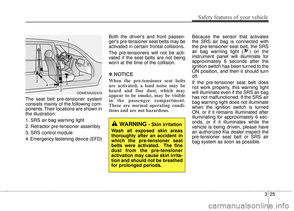 KIA Optima Hybrid 2016 4.G Service Manual 325
Safety features of your vehicle
The seat belt pre-tensioner system
consists mainly of the following com-
ponents. Their locations are shown in
the illustration:
1. SRS air bag warning light
2. Ret