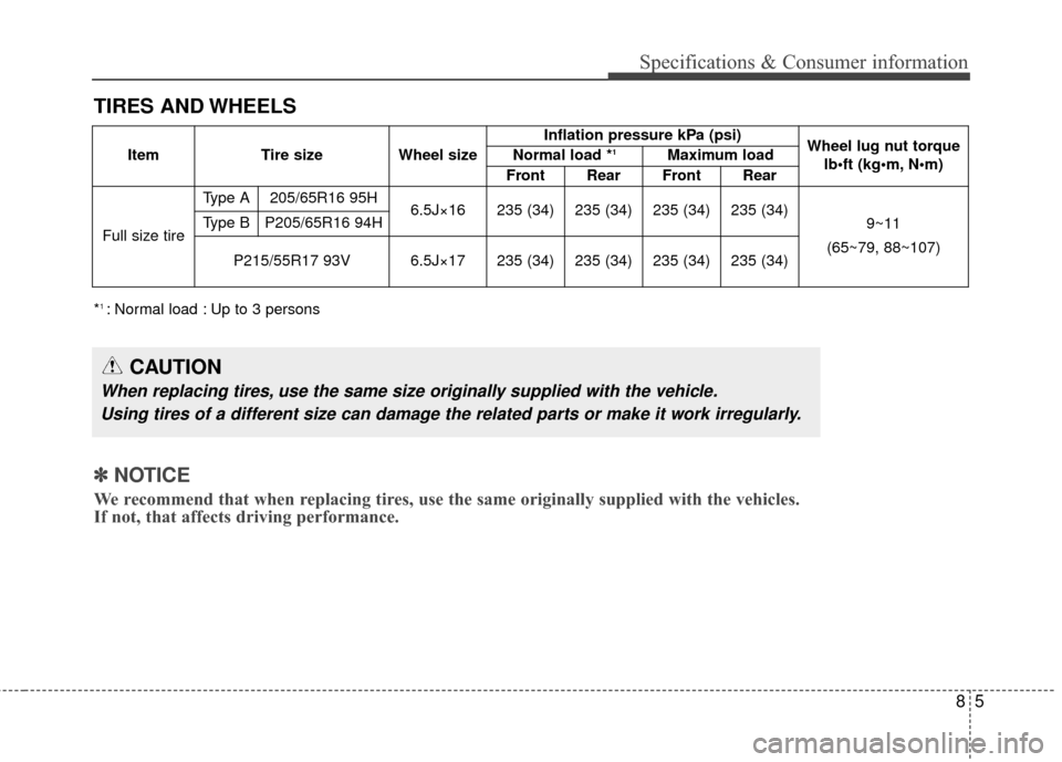 KIA Optima Hybrid 2016 4.G Owners Manual 85
Specifications & Consumer information
TIRES AND WHEELS
CAUTION
When replacing tires, use the same size originally supplied with the vehicle.Using tires of a different size can damage the related pa