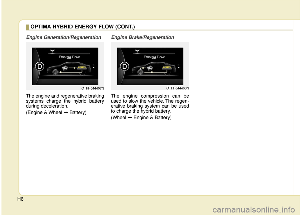 KIA Optima Hybrid 2016 4.G Owners Manual H6
Engine Generation/Regeneration
The engine and regenerative braking
systems charge the hybrid battery
during deceleration.
(Engine & Wheel ➞Battery)
Engine Brake/Regeneration
The engine compressio KIA Optima Hybrid 2016 4.G Owners Manual H6
Engine Generation/Regeneration
The engine and regenerative braking
systems charge the hybrid battery
during deceleration.
(Engine & Wheel ➞Battery)
Engine Brake/Regeneration
The engine compressio