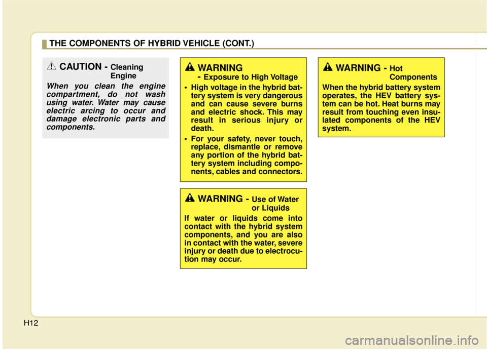 KIA Optima Hybrid 2016 4.G Owners Manual H12
THE COMPONENTS OF HYBRID VEHICLE (CONT.)
CAUTION - Cleaning
Engine
When you clean the enginecompartment, do not washusing water. Water may causeelectric arcing to occur anddamage electronic parts KIA Optima Hybrid 2016 4.G Owners Manual H12
THE COMPONENTS OF HYBRID VEHICLE (CONT.)
CAUTION - Cleaning
Engine
When you clean the enginecompartment, do not washusing water. Water may causeelectric arcing to occur anddamage electronic parts
