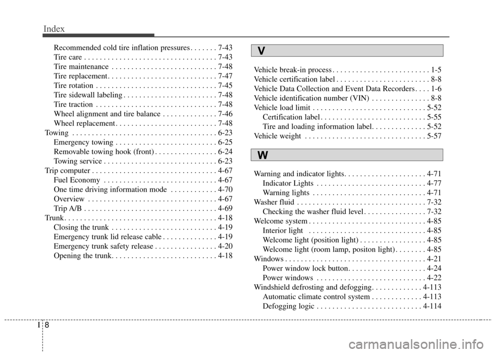 KIA Optima Hybrid 2016 4.G Owners Manual Index
8I
Recommended cold tire inflation pressures . . . . . . . 7-43
Tire care . . . . . . . . . . . . . . . . . . . . . . . . . . . . . . . . . . 7-43\
Tire maintenance  . . . . . . . . . . . . . .