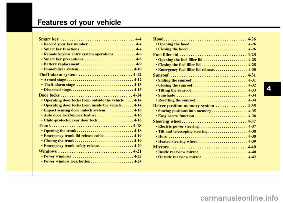 KIA Optima Hybrid 2016 4.G Owners Manual Features of your vehicle
Smart key . . . . . . . . . . . . . . . . . . . . . . . . . . . . . . . . . 4-4
• Record your key number . . . . . . . . . . . . . . . . . . . . . . . 4-4
 . . . . . . . . .