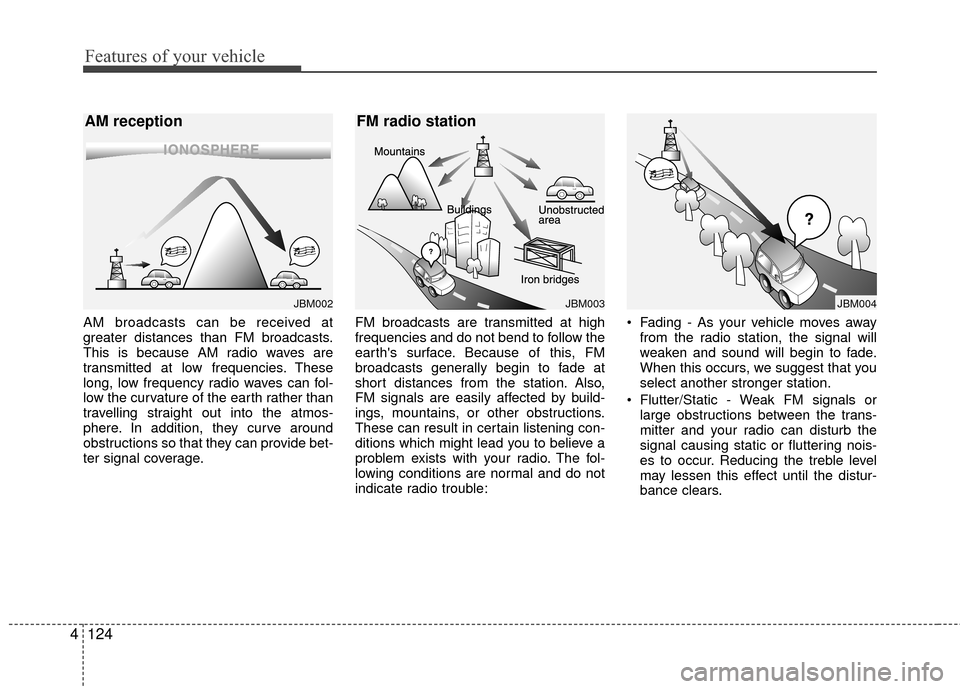 KIA Rio 2016 3.G Owners Manual Features of your vehicle
124
4
AM broadcasts can be received at
greater distances than FM broadcasts.
This is because AM radio waves are
transmitted at low frequencies. These
long, low frequency radio KIA Rio 2016 3.G Owners Manual Features of your vehicle
124
4
AM broadcasts can be received at
greater distances than FM broadcasts.
This is because AM radio waves are
transmitted at low frequencies. These
long, low frequency radio