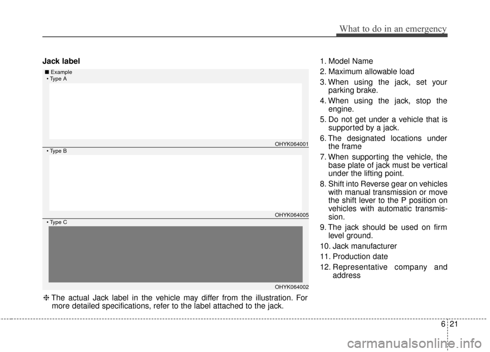 KIA Rio 2016 3.G Owners Manual 621
What to do in an emergency
Jack label1. Model Name
2. Maximum allowable load
3. When using the jack, set your
parking brake.
4. When using the jack, stop the engine.
5. Do not get under a vehicle 