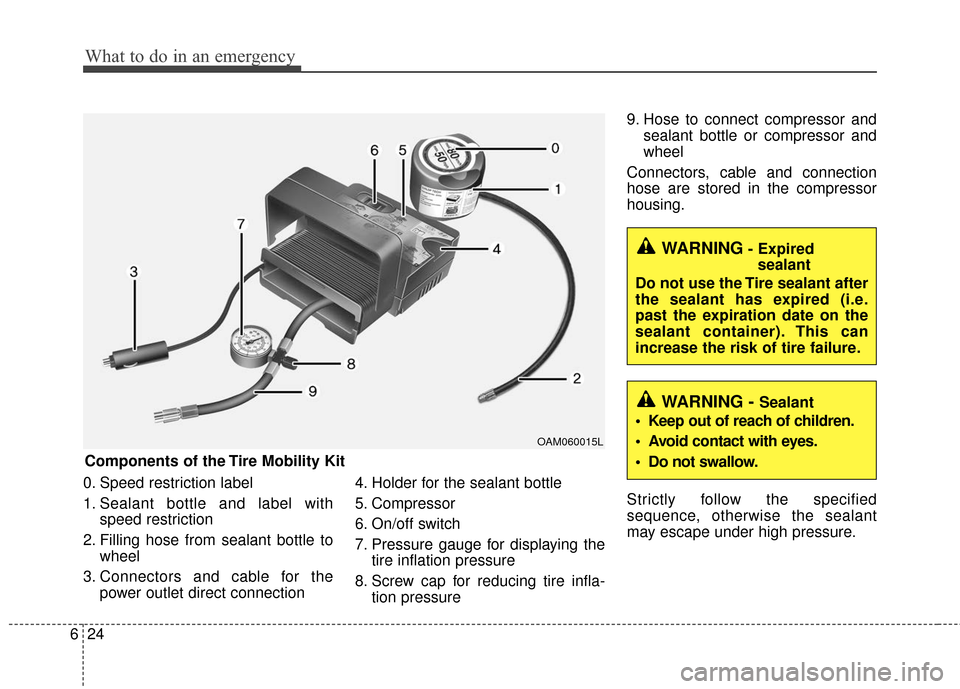 KIA Rio 2016 3.G Owners Manual What to do in an emergency
24
6
0. Speed restriction label
1. Sealant bottle and label with
speed restriction
2. Filling hose from sealant bottle to wheel
3. Connectors and cable for the power outlet 