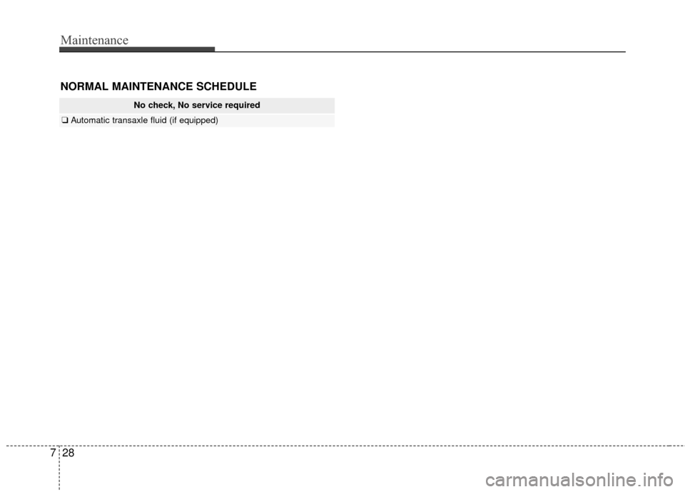 KIA Rio 2016 3.G Owners Manual Maintenance
28
7
NORMAL MAINTENANCE SCHEDULE
No check, No service required
❑ Automatic transaxle fluid (if equipped) KIA Rio 2016 3.G Owners Manual Maintenance
28
7
NORMAL MAINTENANCE SCHEDULE
No check, No service required
❑ Automatic transaxle fluid (if equipped)