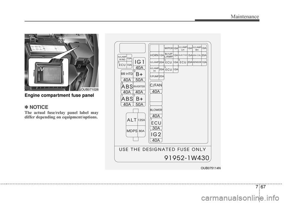 KIA Rio 2016 3.G Owners Manual 767
Maintenance
Engine compartment fuse panel
✽
✽NOTICE
The actual fuse/relay panel label may
differ depending on equipment/options.
OUB071026
OUB075114N 