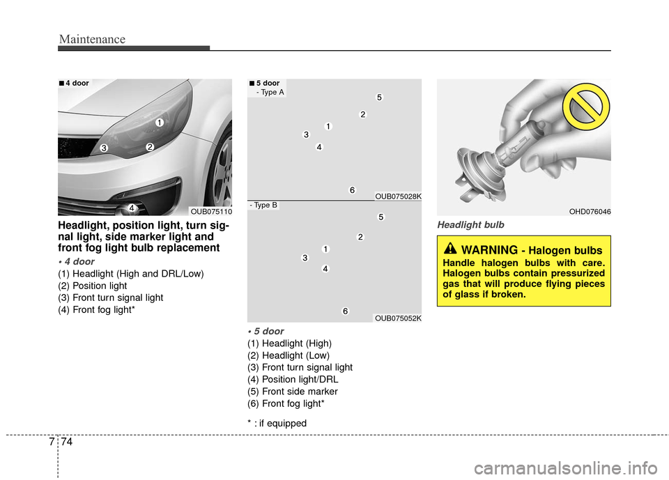 KIA Rio 2016 3.G Owners Manual Maintenance
74
7
Headlight, position light, turn sig-
nal light, side marker light and
front fog light bulb replacement

(1) Headlight (High and DRL/Low)
(2) Position light
(3) Front turn signal light