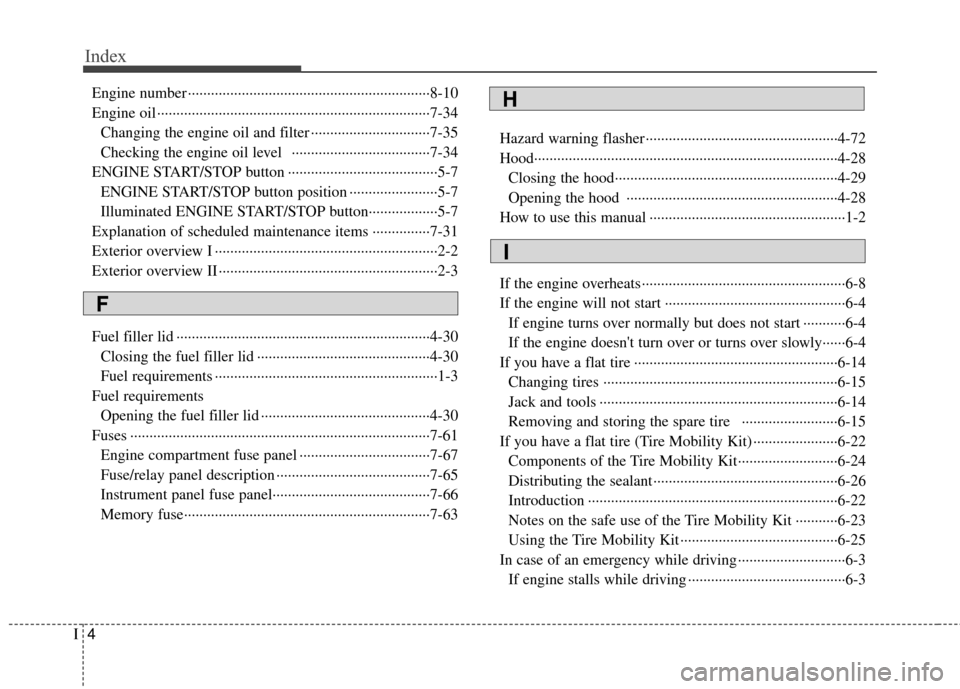 KIA Rio 2016 3.G Owners Manual Index
4I
Engine number ··················\
··················\
··················\
·········8-10
Engine oil ··············�