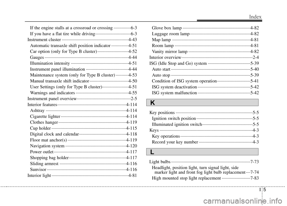 KIA Rio 2016 3.G Owners Manual I5
Index
If the engine stalls at a crossroad or crossing ···············6-3
If you have a flat tire while driving··················\
·············6-3
Inst