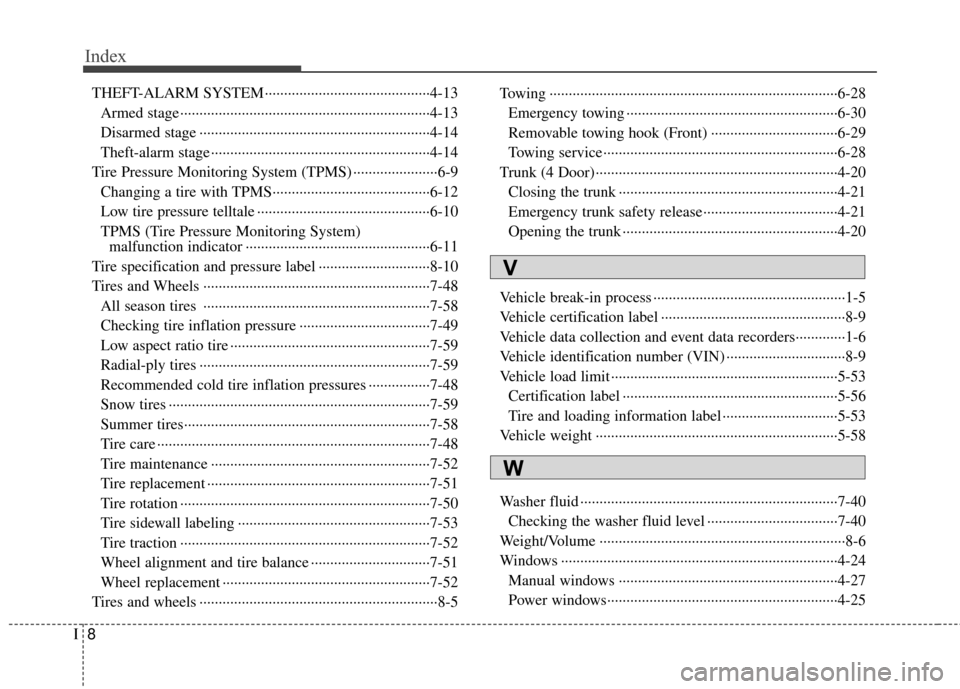 KIA Rio 2016 3.G Owners Manual Index
8I
THEFT-ALARM SYSTEM··················\
··················\
·······4-13Armed stage ··················\
··············�