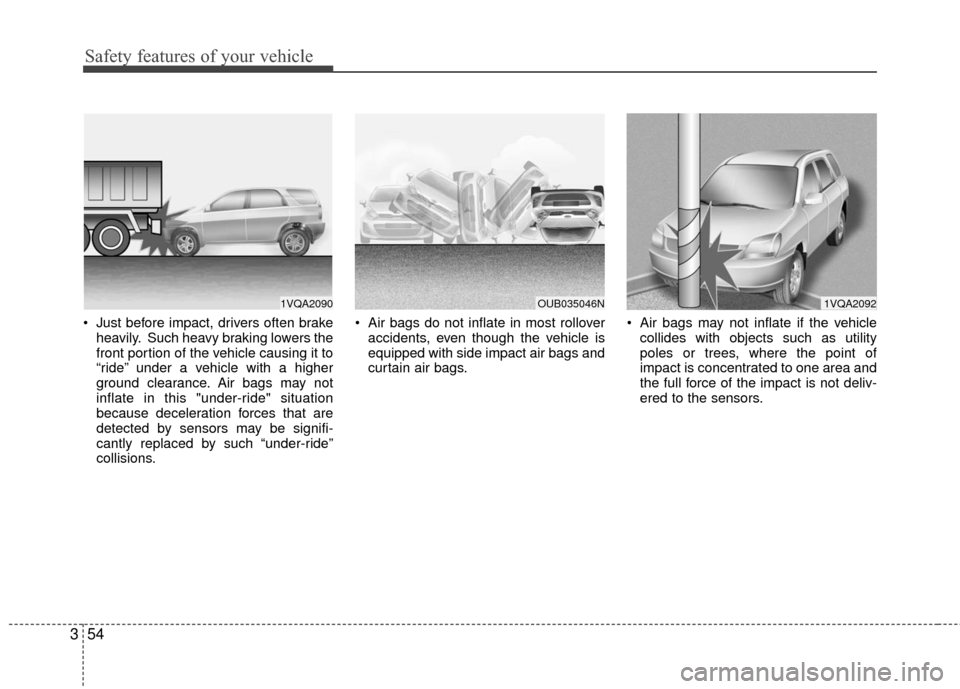 KIA Rio 2016 3.G Owners Manual Safety features of your vehicle
54
3
 Just before impact, drivers often brake
heavily. Such heavy braking lowers the
front portion of the vehicle causing it to
“ride” under a vehicle with a higher