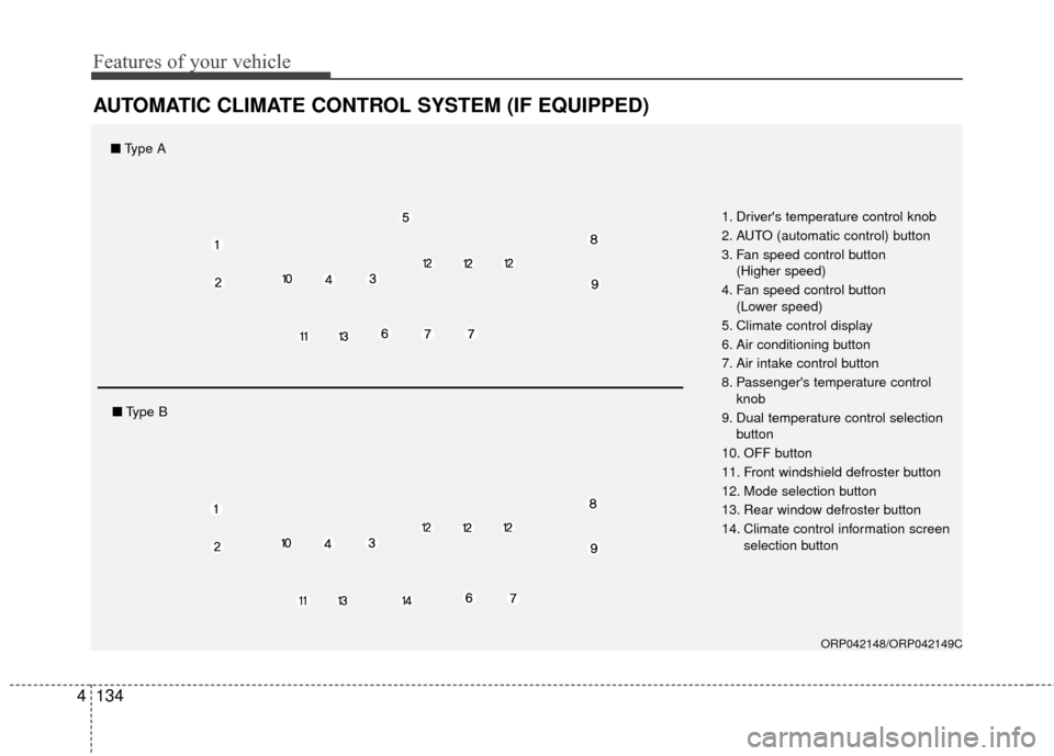 KIA Rondo 2016 3.G Owners Manual Features of your vehicle
134
4
AUTOMATIC CLIMATE CONTROL SYSTEM (IF EQUIPPED)
ORP042148/ORP042149C
1. Drivers temperature control knob
2. AUTO (automatic control) button
3. Fan speed control button 
